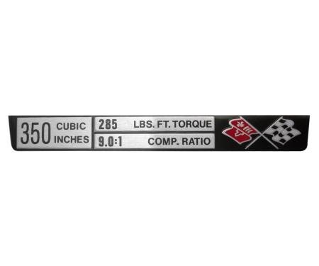 Trim Parts 1974 Chevrolet Corvette Engine Data "350/285/9.0:1" Plate, Each 5917