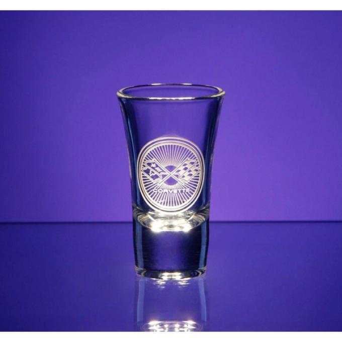 Corvette Shot Glass, Large Flared, 2.25 Ounce, 1953-2013 Corvette Designs | Corvette Shot Glass, Large Flared, 2.25 Ounce, 2005-2013 Corvette Racing w/Flags