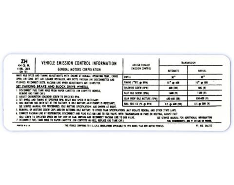 Corvette Emission Control Decal, LS4, 1974