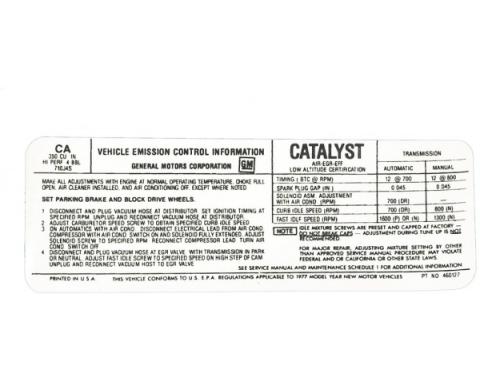 Corvette Emission Control Decal, L82, 1977