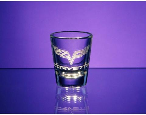 Corvette Shot Glass, Tapered, 1.5 Ounce, 1953-2013 CorvetteDesigns | Corvette Shot Glass, Tapered, 1.5 Ounce, 2005-2013 Crossed Flags With Lettering