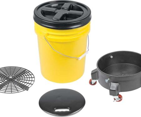 OER Grit Guard Deluxe Wash System 5 Gallon Yellow Pail with Black Lid - Dolly and Seat Cushion K89743