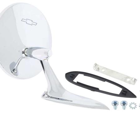 OER 1963-65 Impala, Bel Air, Chevy II, Nova, Corvette, Outer Door Mirror, with Bow Tie Logo, Convex Glass, Passenger Side 985878C