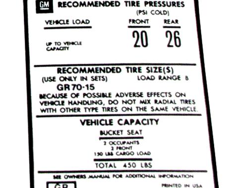 Corvette Decal, Tire Pressure on Door, 1976-1977