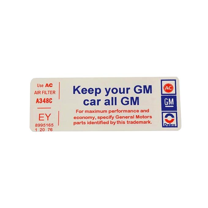 Corvette Decal, Air Cleaner Keep Your GM Car All GM, 1976