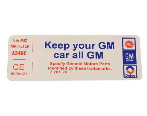 Corvette Decal, Air Cleaner Keep Your GM Car All GM, 1977